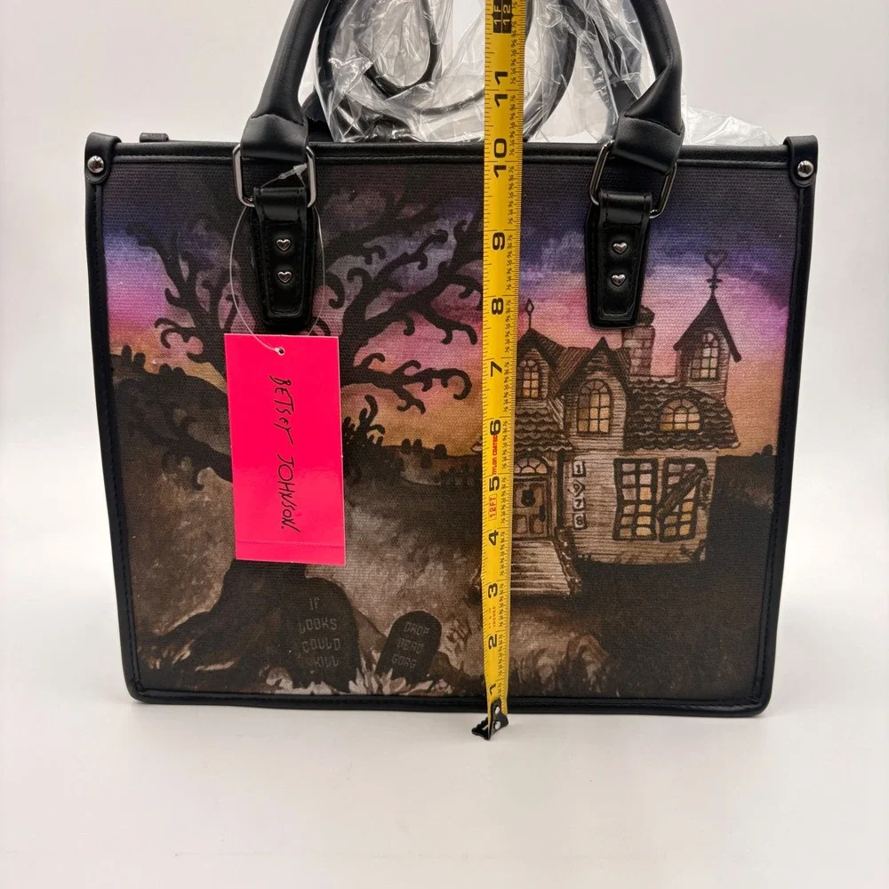 Betsey Johnson Haunted House Tote Bag Bat Charm Halloween Satchel Crossbody NEW